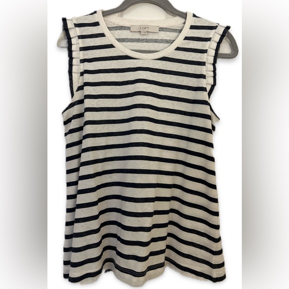 Ann Taylor LOFT sleeveless ruffle detail navy/white striped blouse, size M - Picture 3 of 7